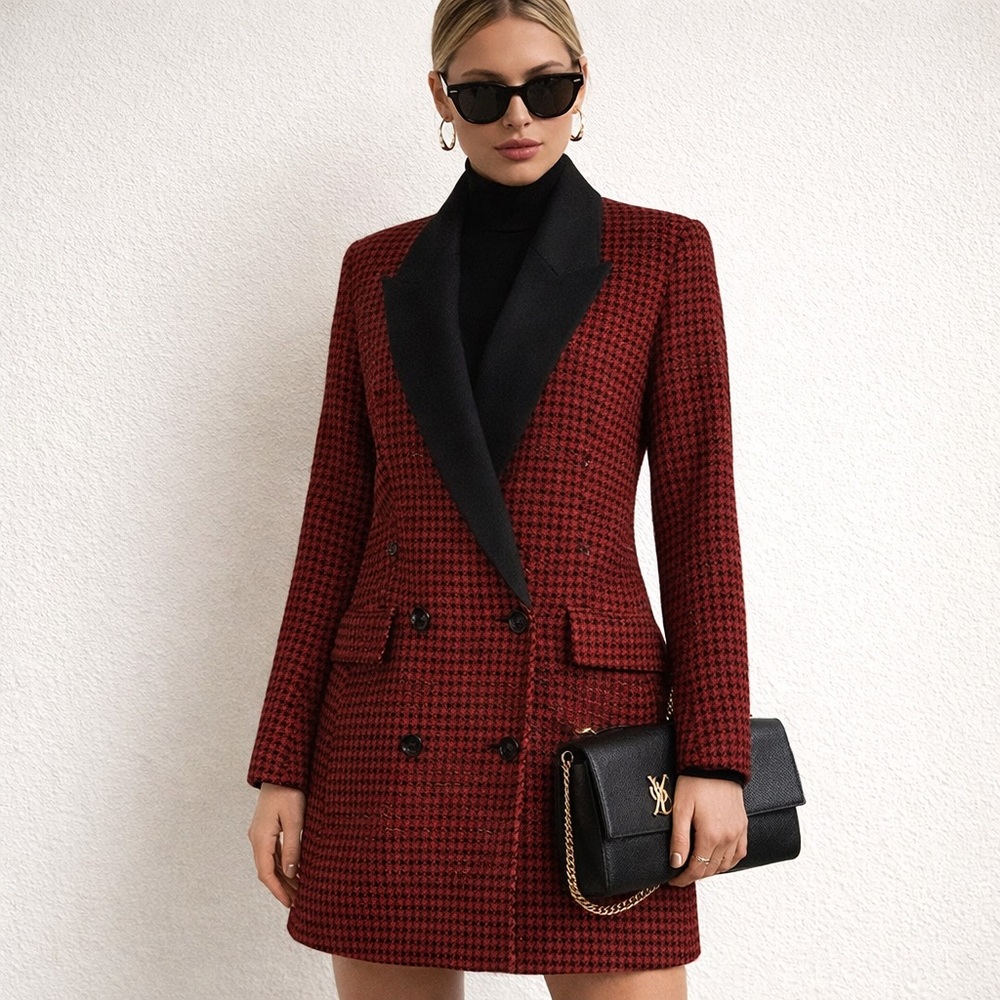 Veronica Beard Senna Wool Cashmere Red Black Houndstooth Double Breasted Coat